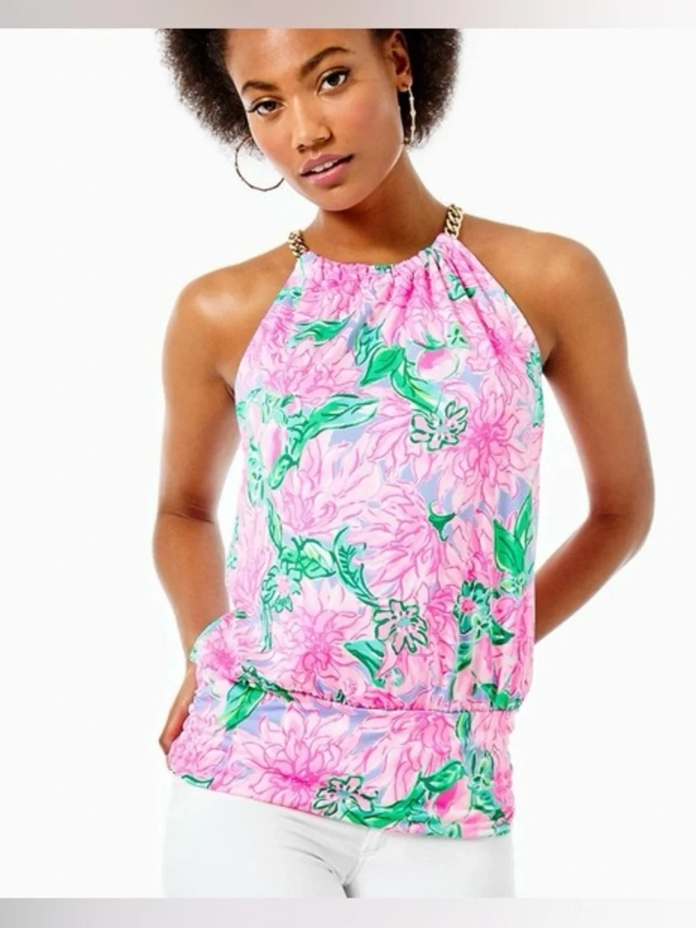 Lilly Pulitzer Bowen Floral Chain Rose Halter Top Tank Pink Blossom